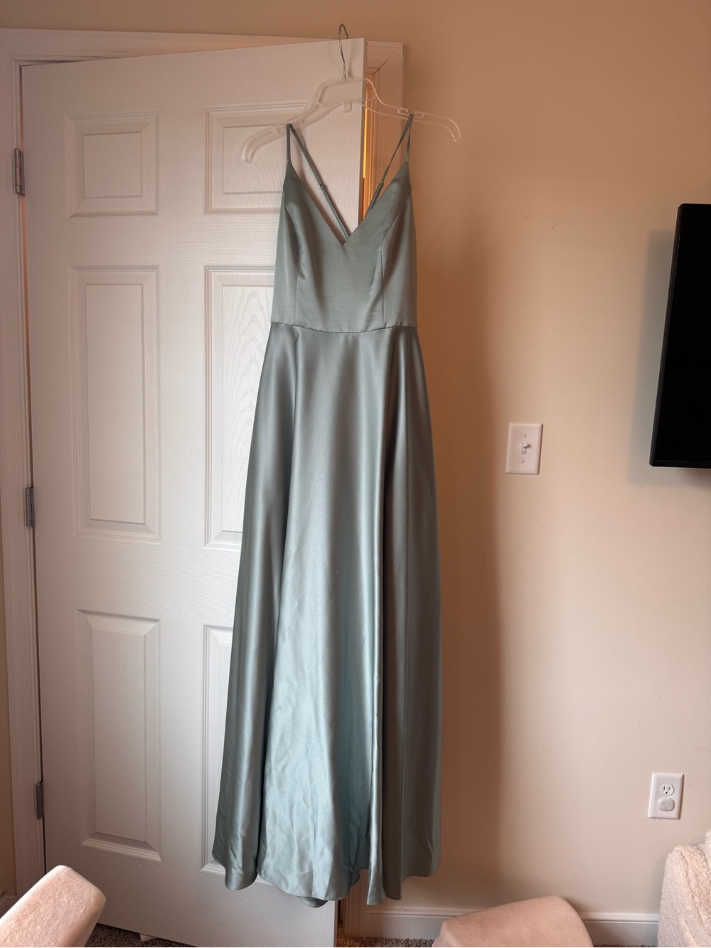 David's Bridal Satin V-Neck Spaghetti Strap Maxi Dress in Sage